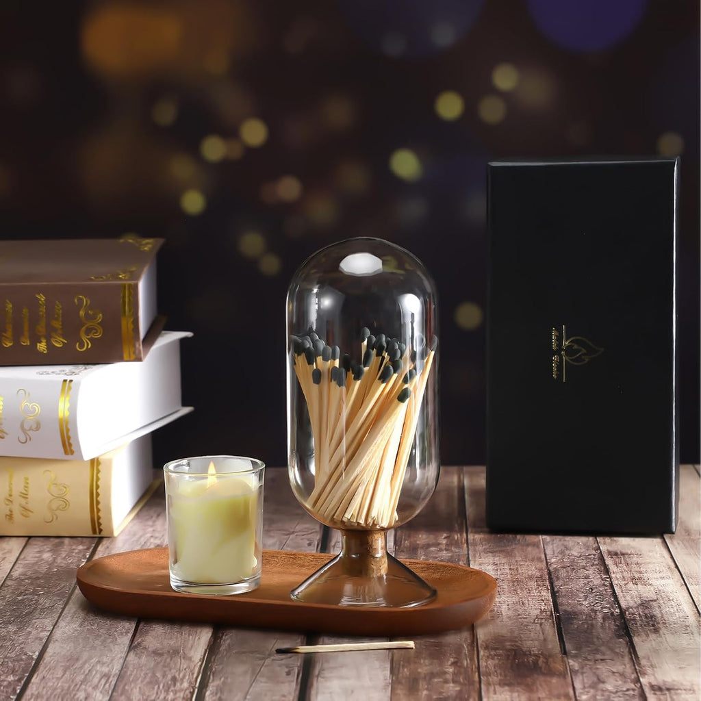 Smoke Gray Glass Match Cloche Holder Decorative Matches Jar Gift Set Fireplace Display Decor with Black Gift Box