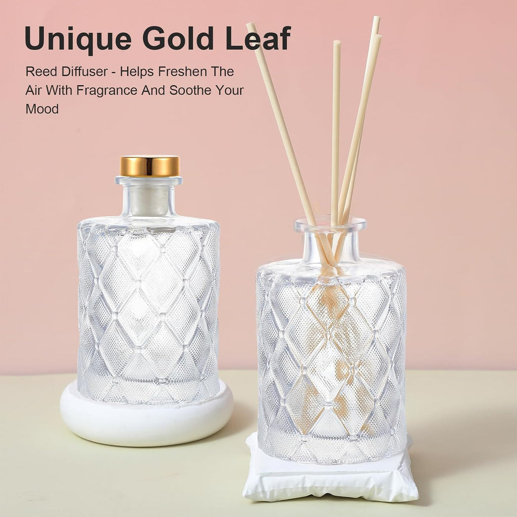 Glass Reed Diffusers Bottles, Diffuser Bottles with Reed Diffuser Sticks, Vintage Embossed Apothecary - Set of 4