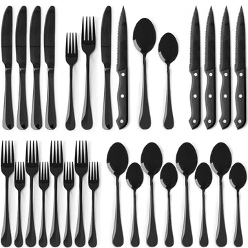 Black Silverware Set with Steak Knives Flatware Set for 4 Food-Grade Stainless Steel Cutlery Set Mirror