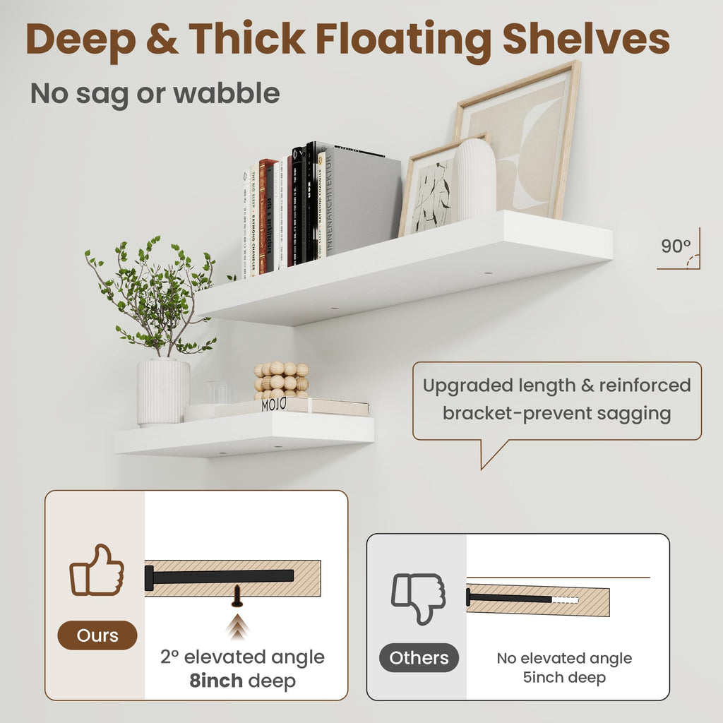 55 Inch Floating Shelves for Wall, 8 Inch Deep, Invisible Brackets, White
