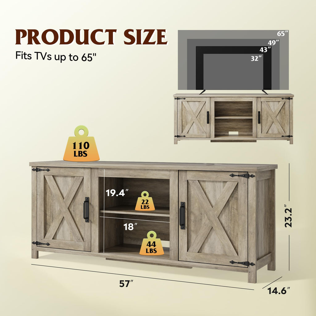 Farmhouse TV Stand for TVs Up to 65", Entertainment Center, Gray Oak