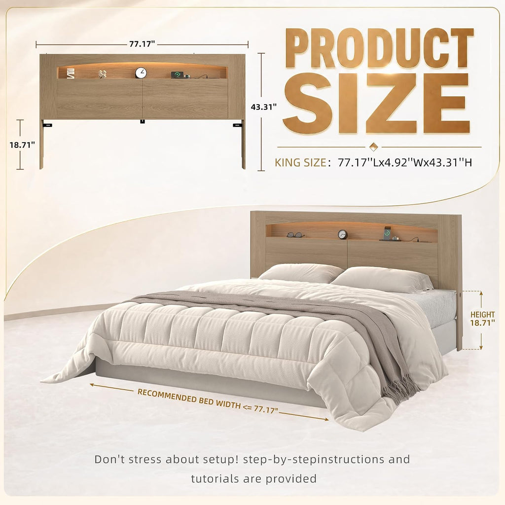 King Headboard Only Modern Sturdy Wooden Bed Backboard Wall Mounted Head Board, 3 Storage Zones, Unique Skirting