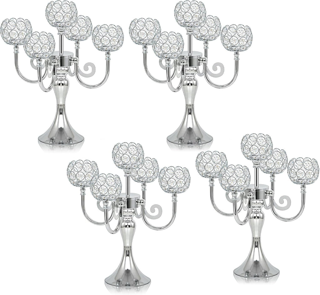 5 Arm Metal Crystal Candelabra Centerpiece - 13.4 Inch Elegant Candle Holder with Crystal Beadsable Decoration (4