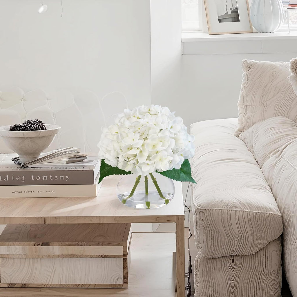Hydrangea Artificial Flowers in Glass Vase, White Silk Fake Flowers Silk Centerpiece Table Decorations, Coffee Table