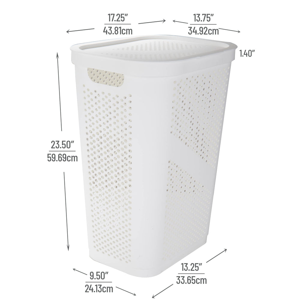 Slim Laundry Hamper with Lid, 60L Clothes Basket, Ventilated Plastic, White