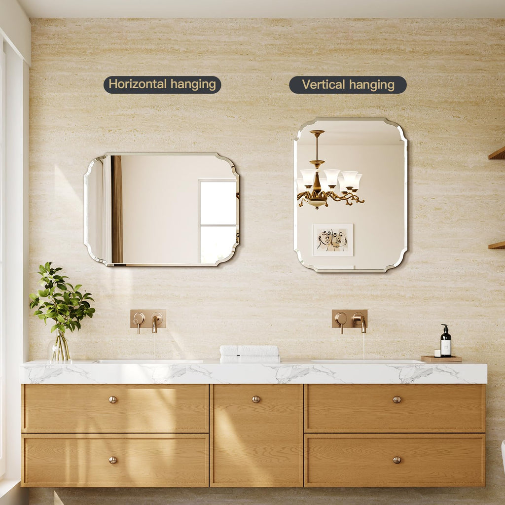 Beveled Scalloped Frameless Bathroom Mirror, 24" x 36" Beveled Bathroom Mirrors with Rectangle Shaped, Frameless