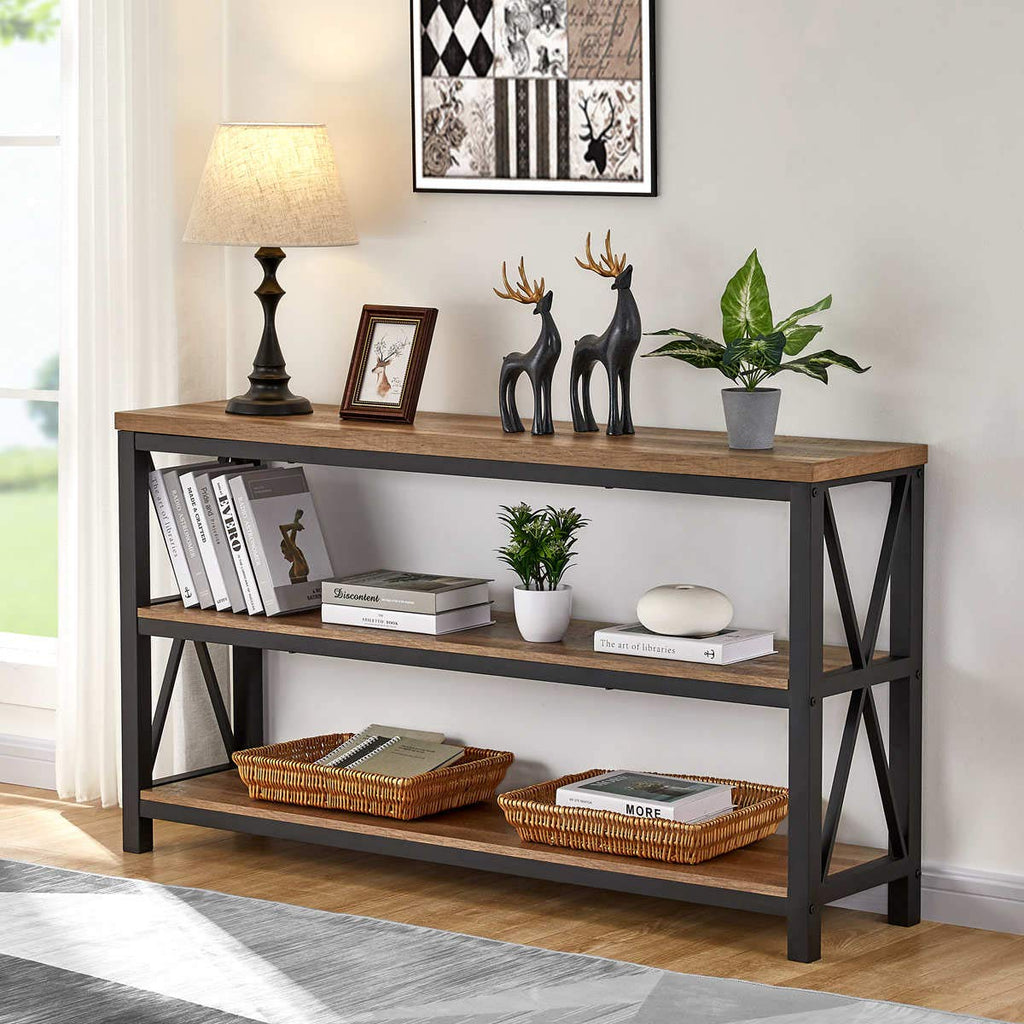55" Console Table, 3 Tier Farmhouse Narrow Sofa Table, Rustic Oak