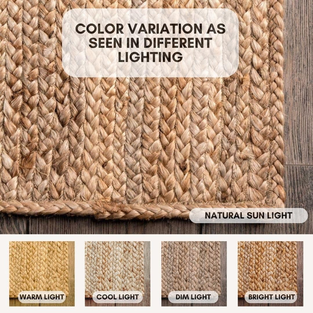 Handwoven Jute Area Rug - 6 feet Round - Natural Yarn - Rustic Vintage Beige Braided Reversible Rug - Eco Friendly