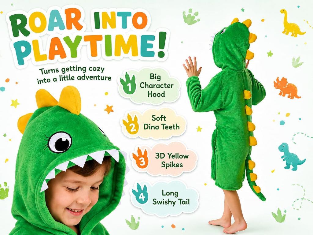 Toddler Dinosaur Lamb Hooded Bathrobe - Soft Flannel Robe with Tail, Belt & Pockets, Cozy Robe for Kids
