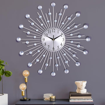 23 Inch Large Metal Silver Bling Crystal Wall Clock Decorative