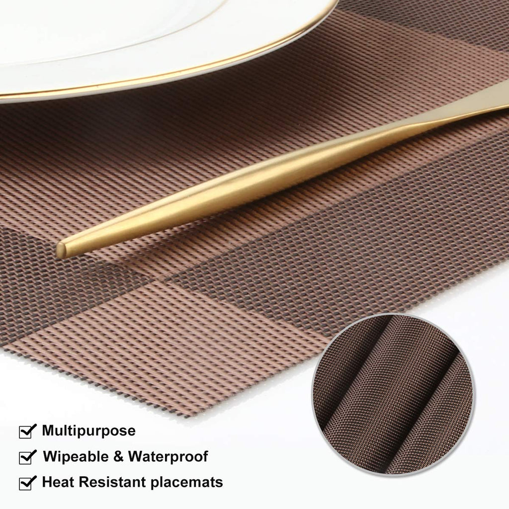 Placemats Set of 6, Durable Woven Vinyl PVC Table Mats (Brown Cross)