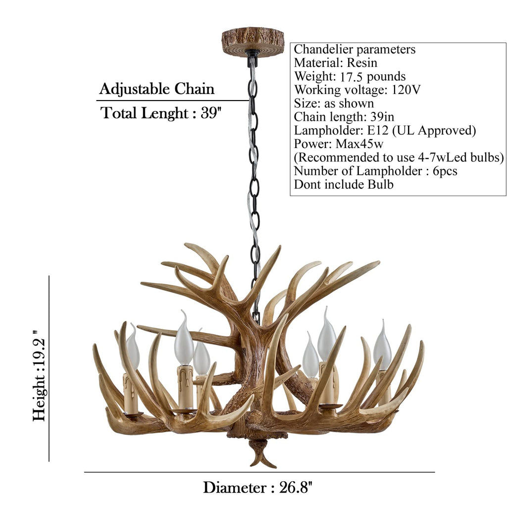 Antler Chandelier 6 Light, Rustic Style Antler Light Fixtures, E12 Base Deer Antler Chandelier Lighting Store Bar (6
