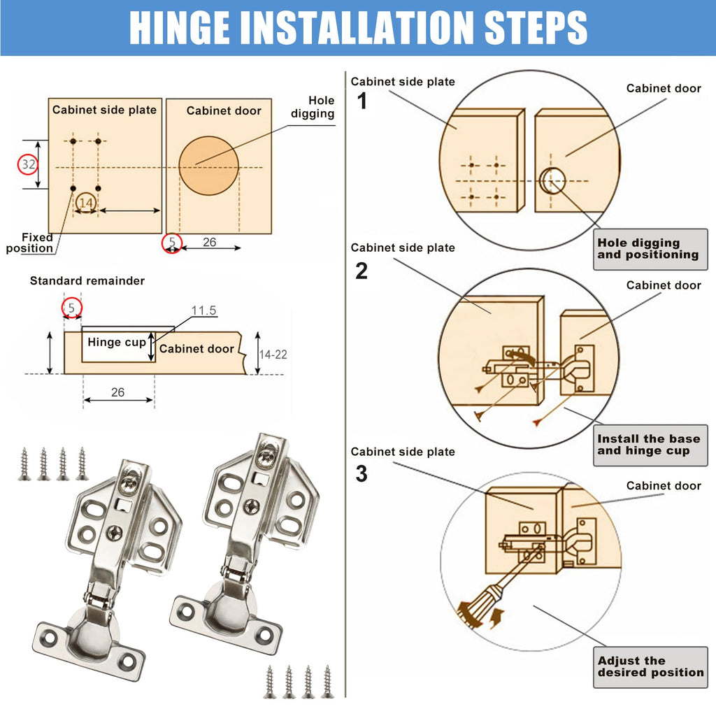 4 Pack 26mm Soft Close Cabinet Hinges, Concealed Full Overlay Hinge