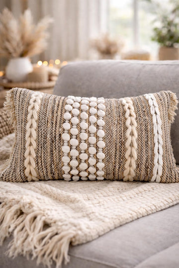Boho Lumbar Pillow Cover 12x20, Handwoven Cotton & Wool Tufted Accent, Unique Textured Throw Pillow Cover, Earthy