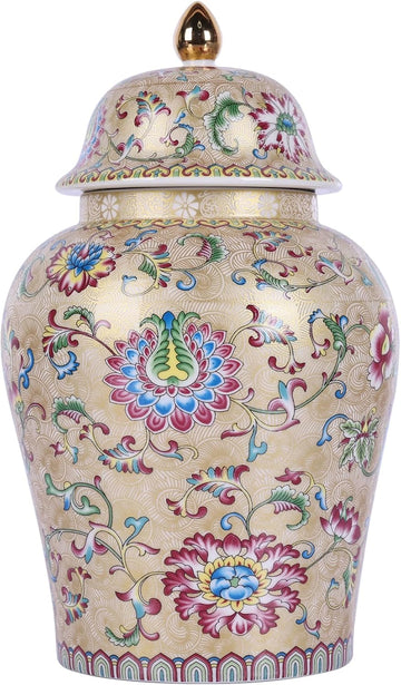 Chinoiserie Ginger Jar, Blue and White Porcelain Ceramic Vase with Gold Colorful Floral Design, 8" Decorative Ginger