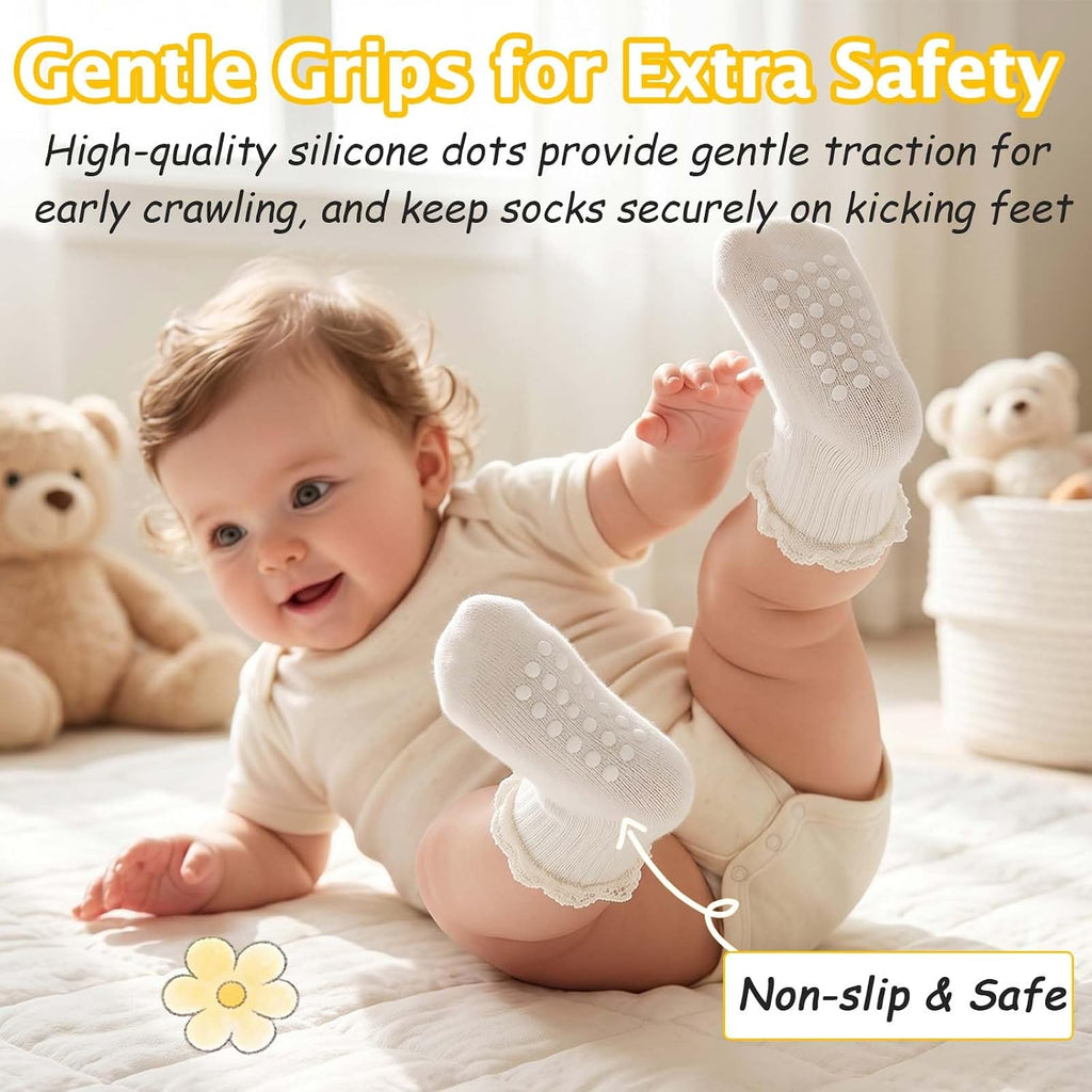 Baby Girl Ruffle Socks with Grips Soft Cotton Non Slip Ankle Socks