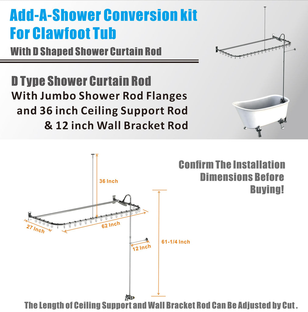 Clawfoot Tub Shower Kit With D-Style Shower Rod,Chrome Plated