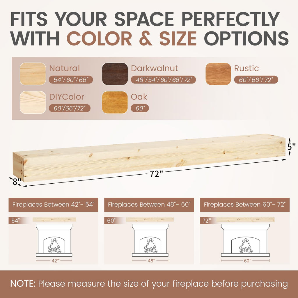 72'' Fireplace Mantel, 5'' Pine Wood Floating Shelf, DIYColor