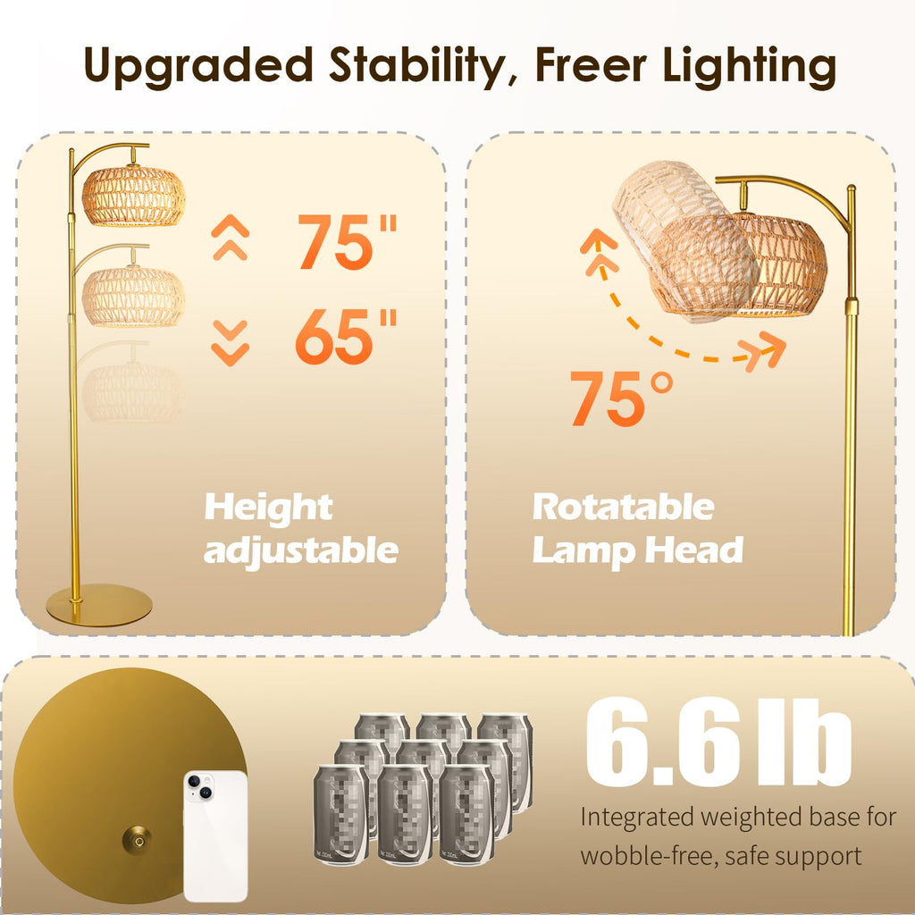 Gold Boho Rattan Floor Lamp w/Remote, Dimmable (2700K - 6000K), 2 - in - 1 Wicker & Fabric Shade, Adjustable 165-172cm