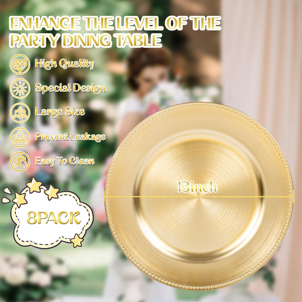 8 Pcs Elegant Gold Plastic Charger Plates for Wedding Dinner Decor
