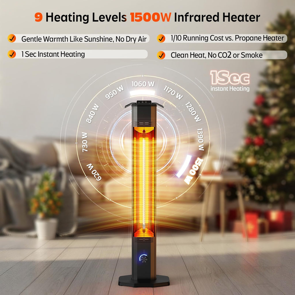 Outdoor Electric Patio Heater, 42-inch 1500W Infrared Tower Heater with 9 Heat Settings & 9H Timer, IPX5 Waterproof