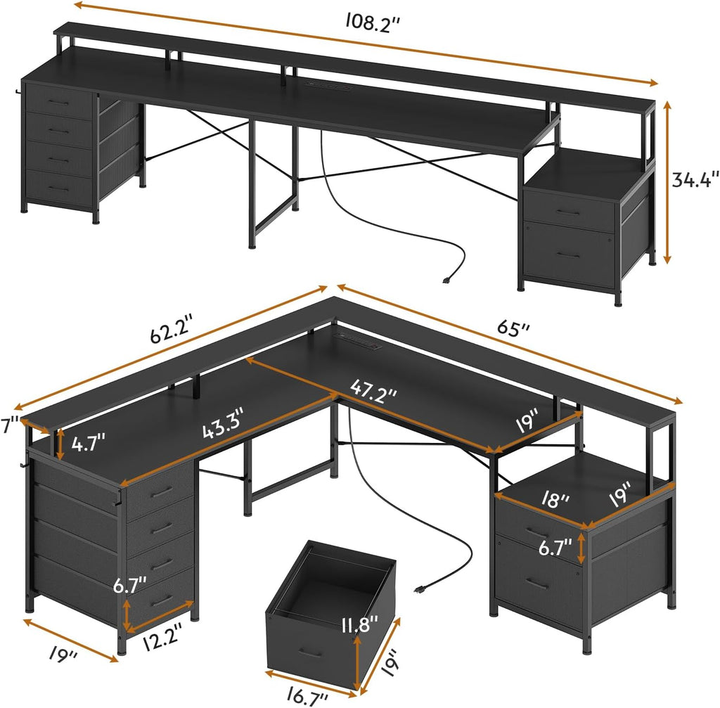 L Shaped Computer Desk with 6 Drawer, File Drawer & Power Outlet | 108" Corner Computer Desk with Monitor Shelf, File