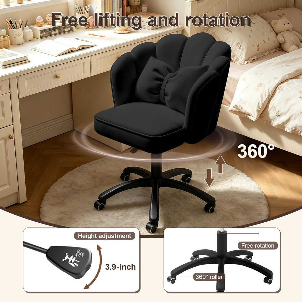 Black Vanity Chair with Bow Cusion, Mid-Back Home Office Desk Chair