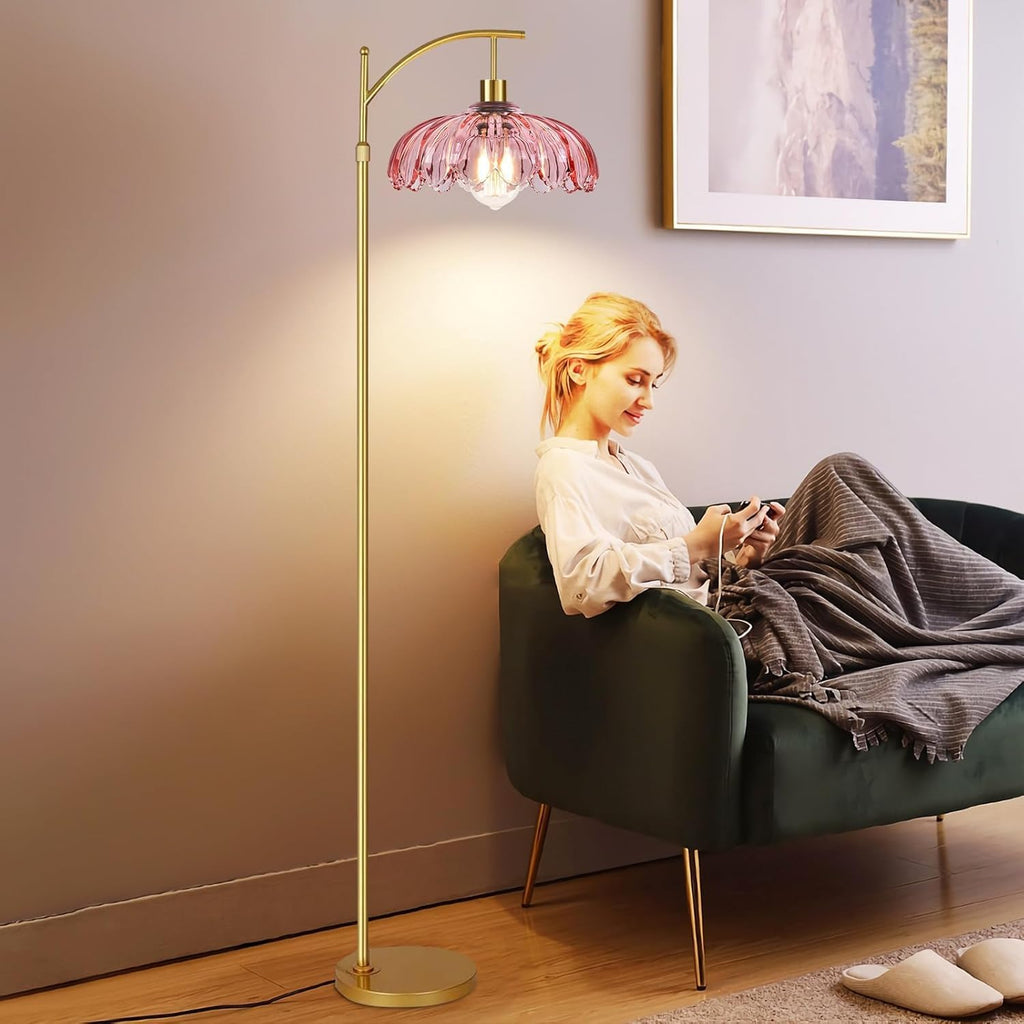 Gold Arc Floor Lamp Bedroom,Mid Century Modern Standing Lamp with Remote