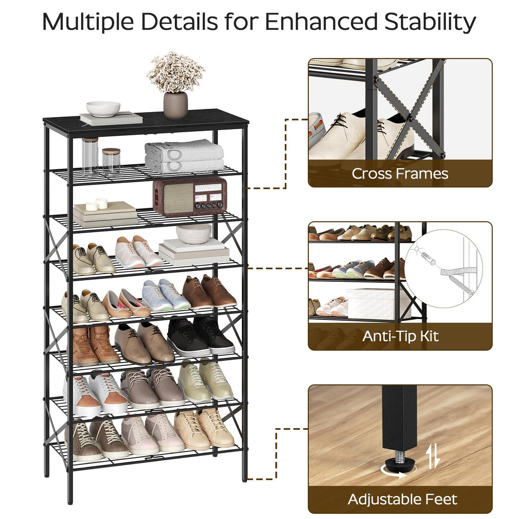 8 Tier Shoe Rack, Large Capacity Shoe Storage Organizer Holds 32 Pairs, Sturdy and Stable, Closet, Dorm Room, Black