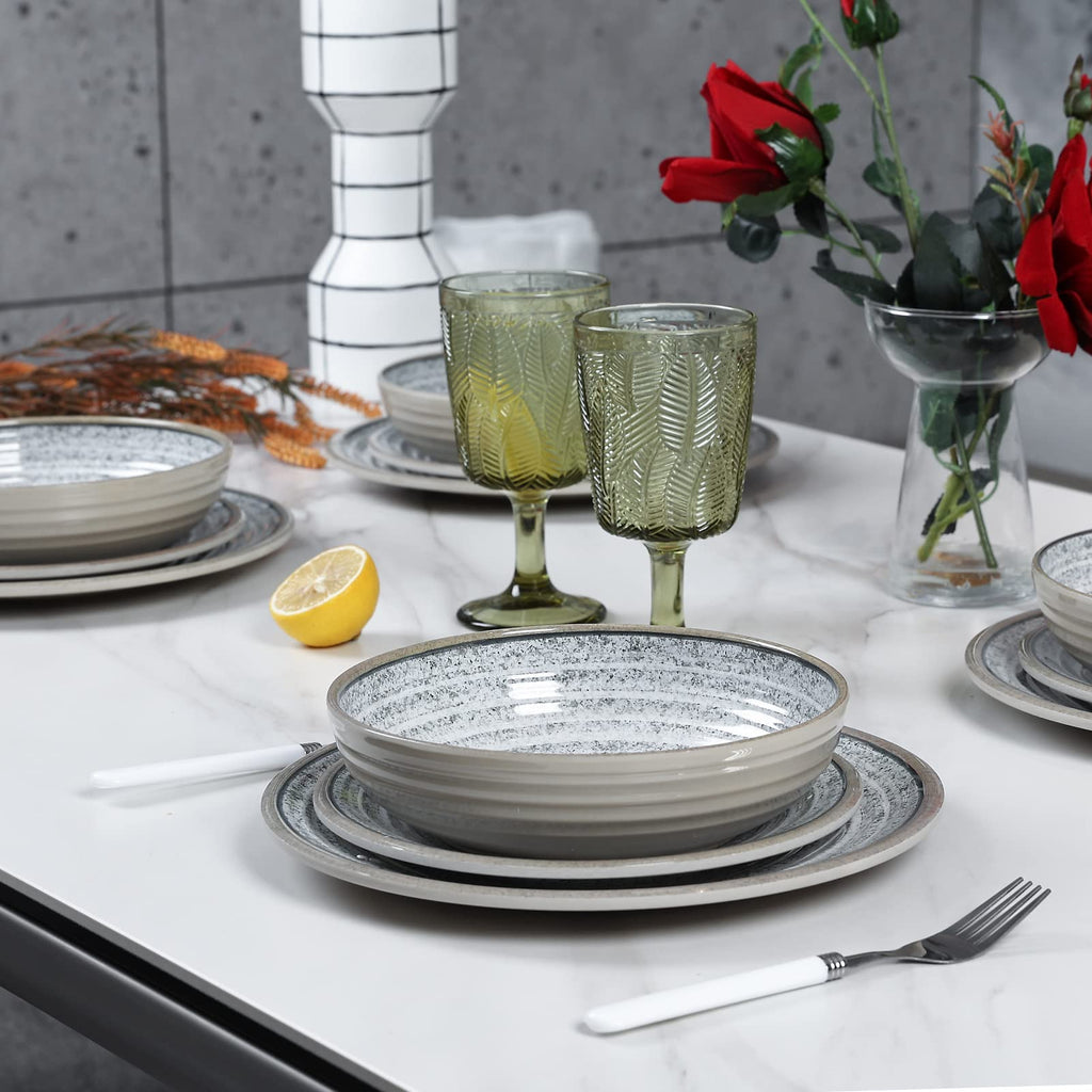Melamine Dinnerware Sets 12 PCS - Service for 4 Plates & Bowls Sets Grey
