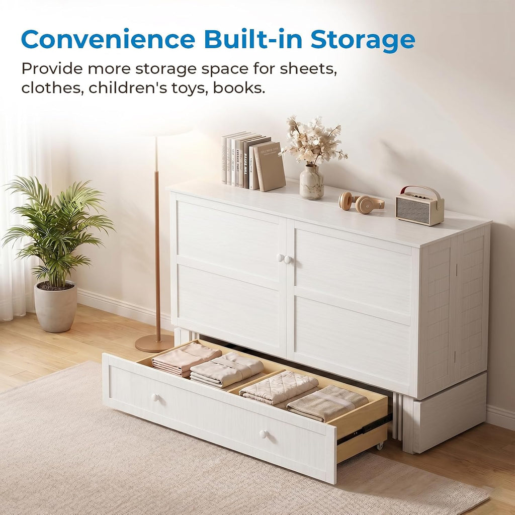 Murphy Bed Queen Cabinet Bed with Tri-fold Mattress and Built-in USB Charging, 2 Drawers, Bedside Panel, Hidden Guest
