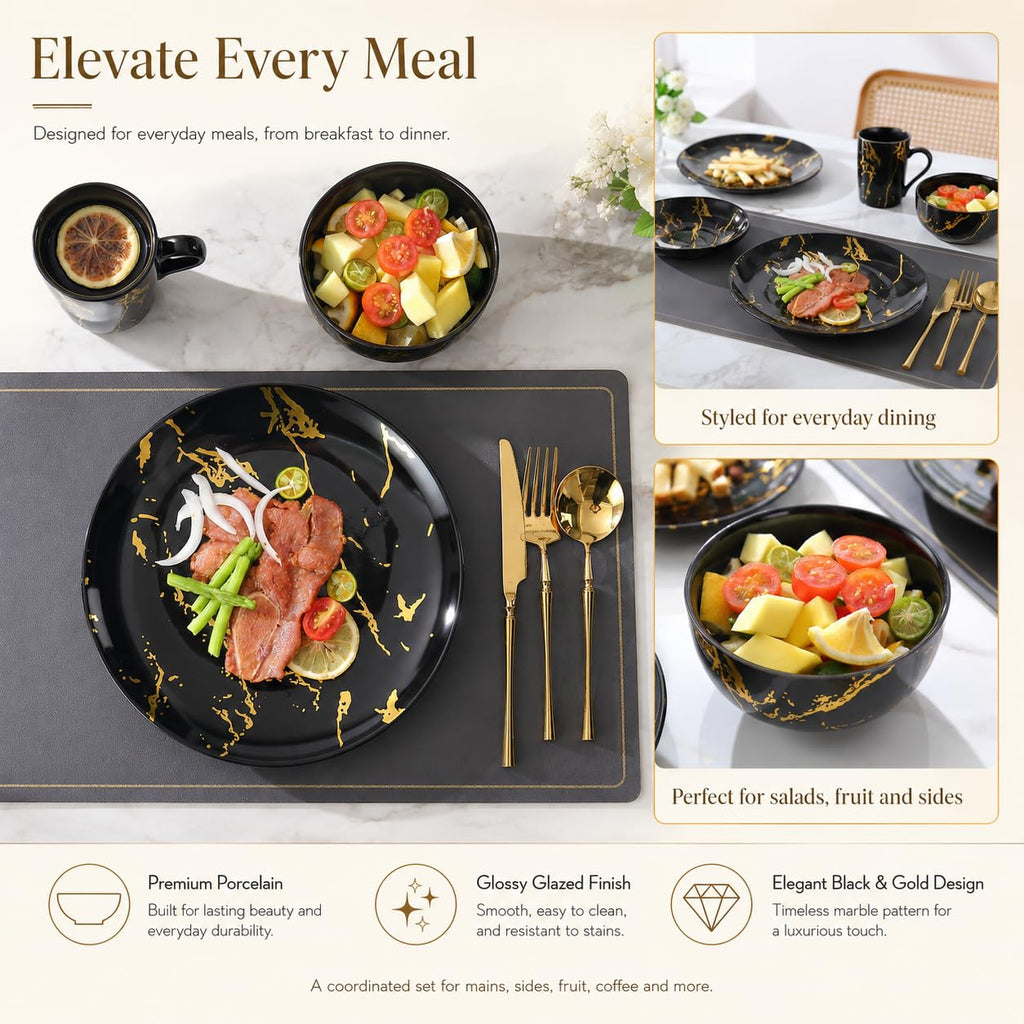 Black and Gold Marble Dinnerware Set for 4, 16-Piece Porcelain