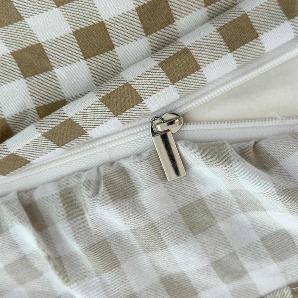 Tan Gingham Ruffle Duvet Cover King, 3 Pieces Taupe Soft Pre-Washed Microfiber Checked Plaid Comforter Cover Set