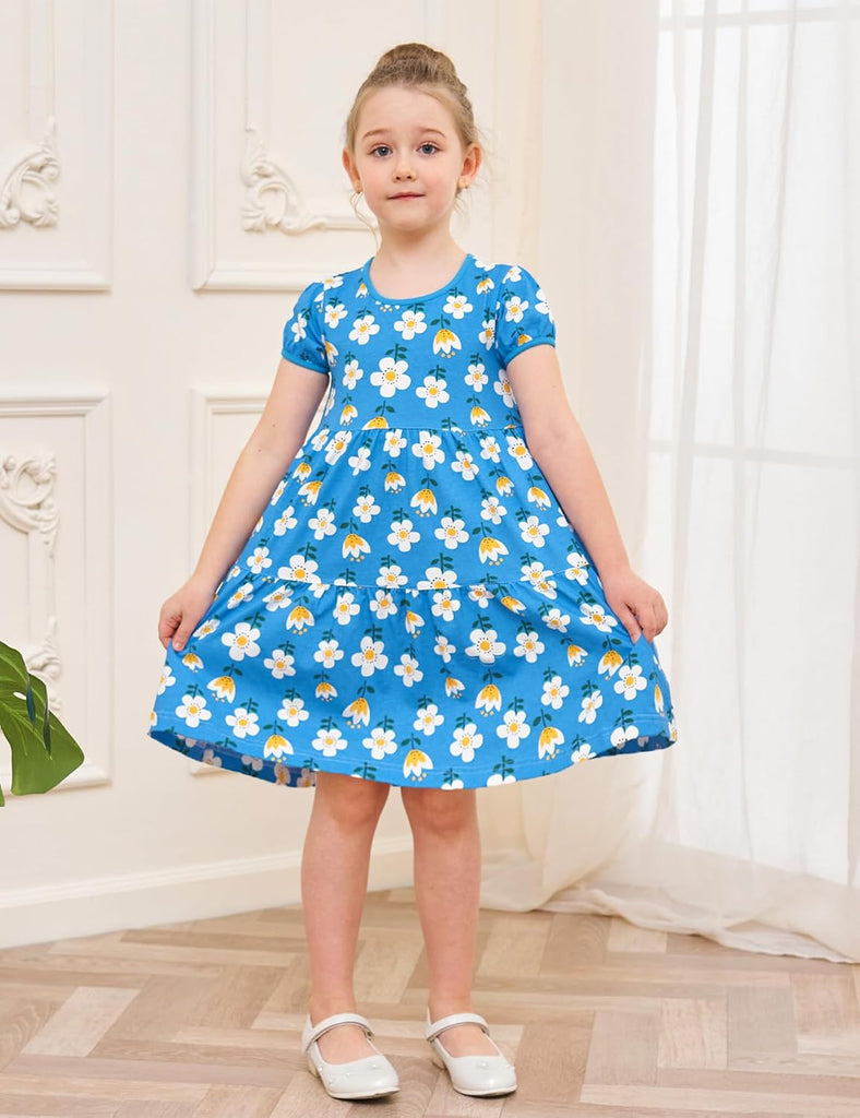Girl's Dresses Cotton Ruffle Sleeve Tiered Swing A-Line Cute Midi Casual Sundress