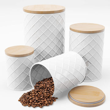 White Metal Canister Set for the Kitchen Counter, Food Canister, Airtight Lids, Sugar and Flour Containers - Set of 4