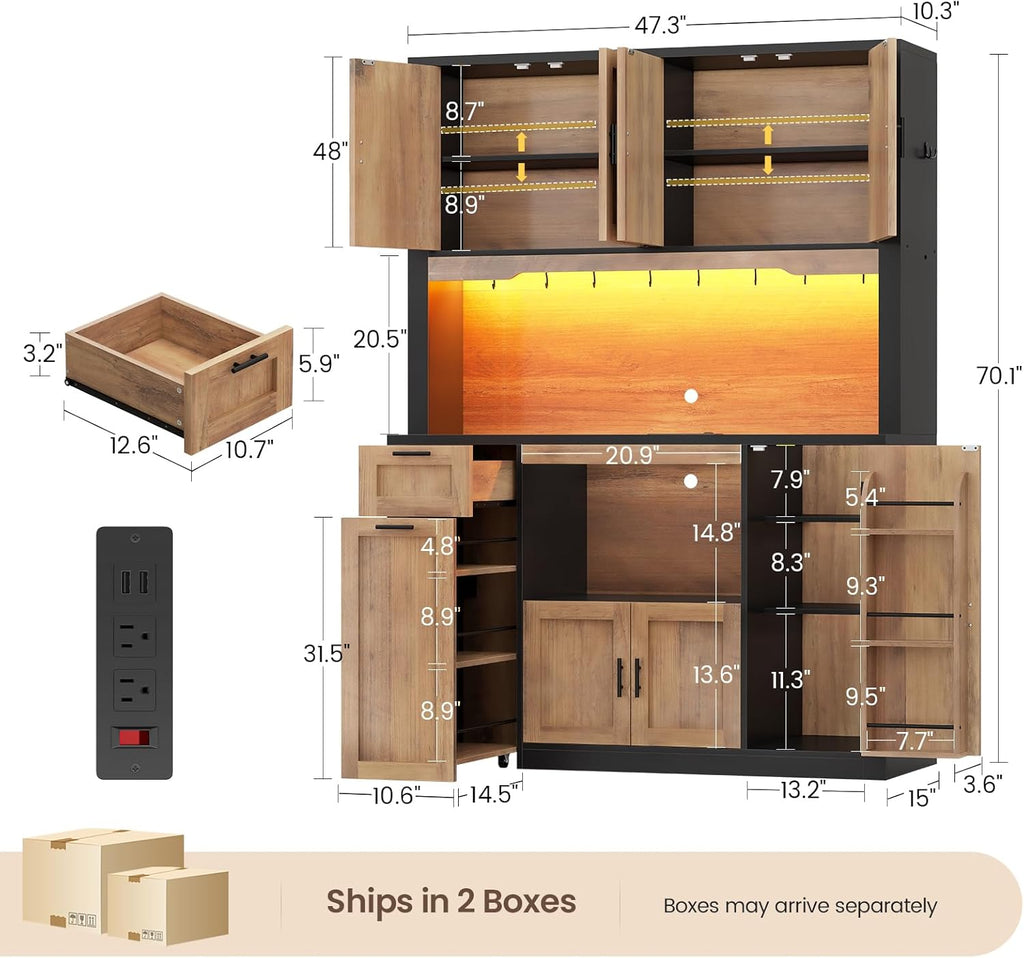 71" Pantry Cabinet with Charging Station and LED Light, Kitchen Pantry Cabinet with Microwave Stand, 47.2" Wide