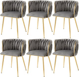 Woven Velvet Dining Chairs Set of 6, Upholstered Accent Chairs with Gold Metal Legs, Modern Dining Room Chairs, Grey