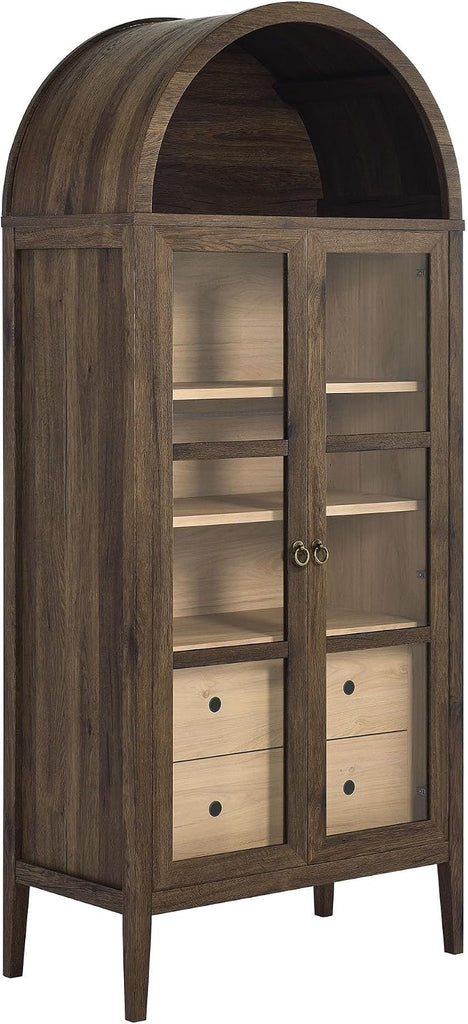 Nolan Modern Farmhouse 71 Inch Tall Arched Storage Display Cabinet in Walnut Hickory Wood Grain - 4-Tier Bookcase