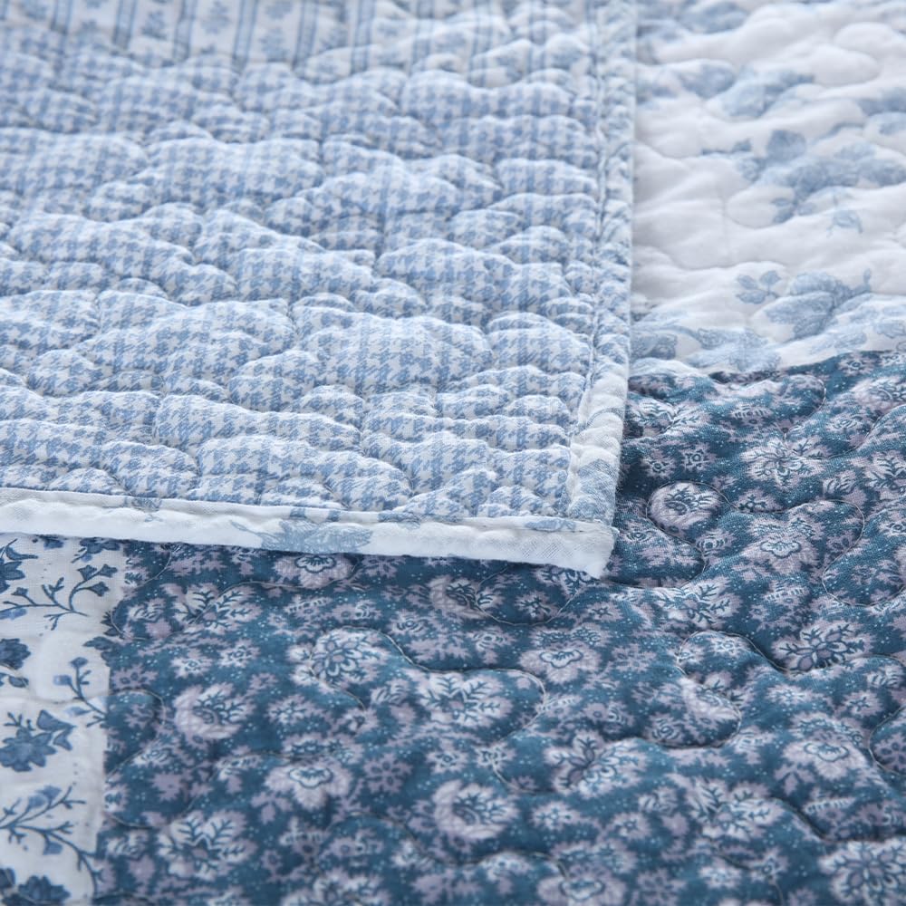 Cotton Bedspread Quilt, Reversible Lightweight Coverlets with 2 Shams, Rose Floral Plaid Pattern Rustic