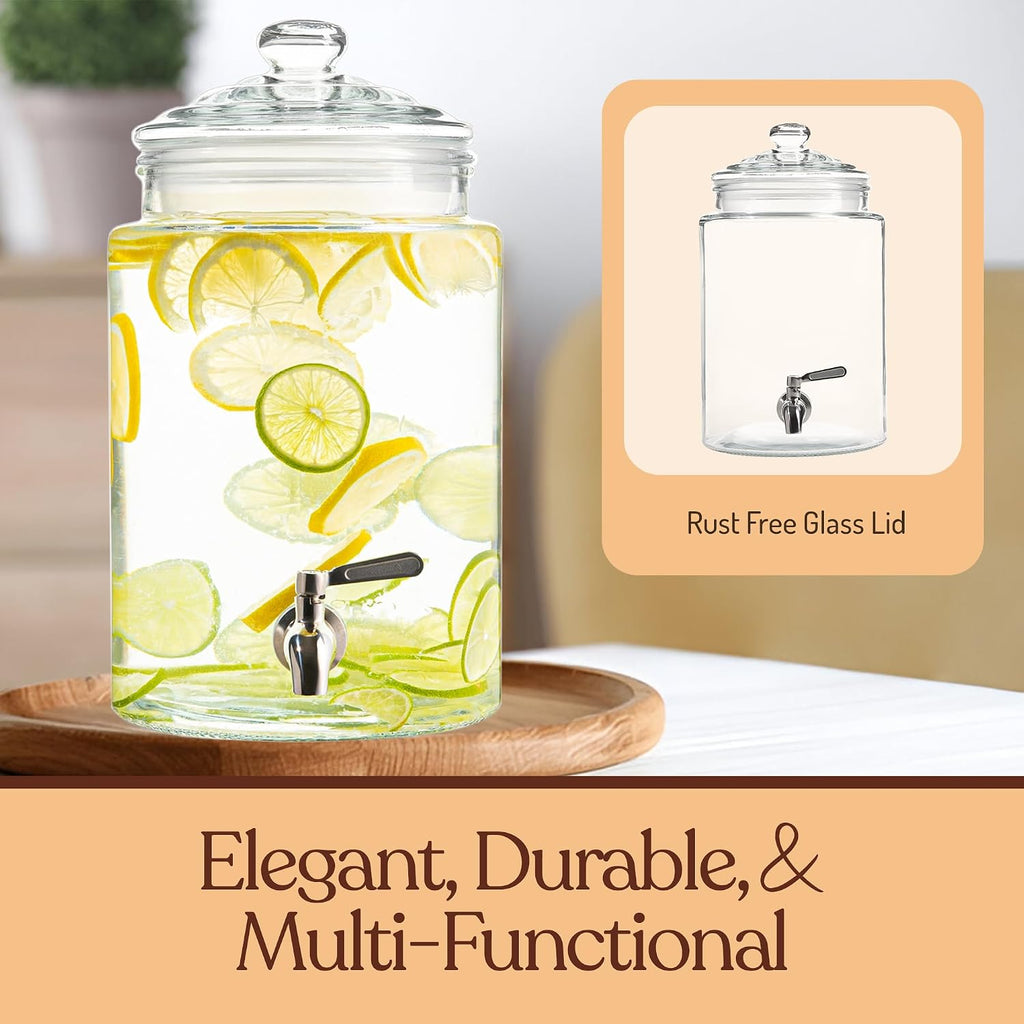 Large Glass Drink Dispenser with Spout - 1.5 Gallon Tall Mason Jar Style Beverage Server with Airtight Lid & Metal