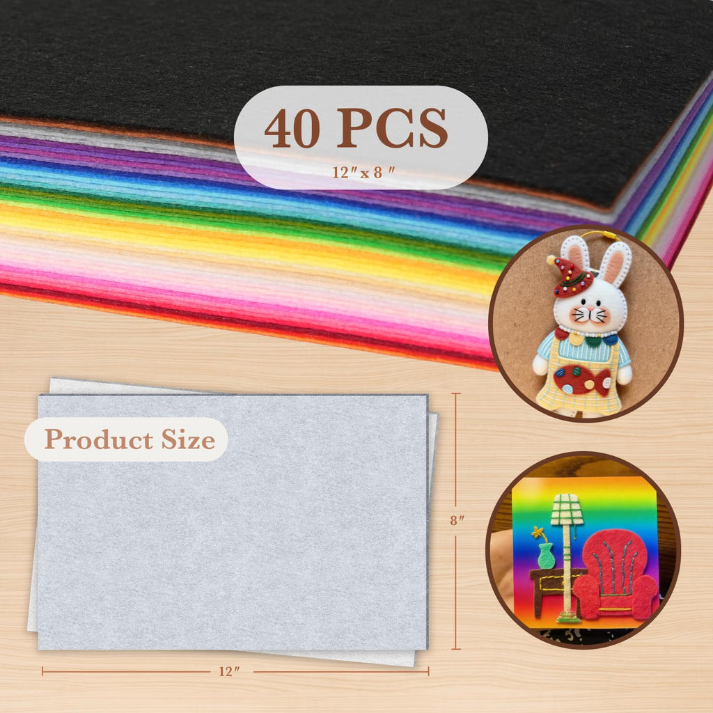 40 Colors Felt Sheets for Crafts, 8" x 12" High-Density Stiff Felt Fabric, Firm Multi-Color Felt Rectangles (A4 Size)