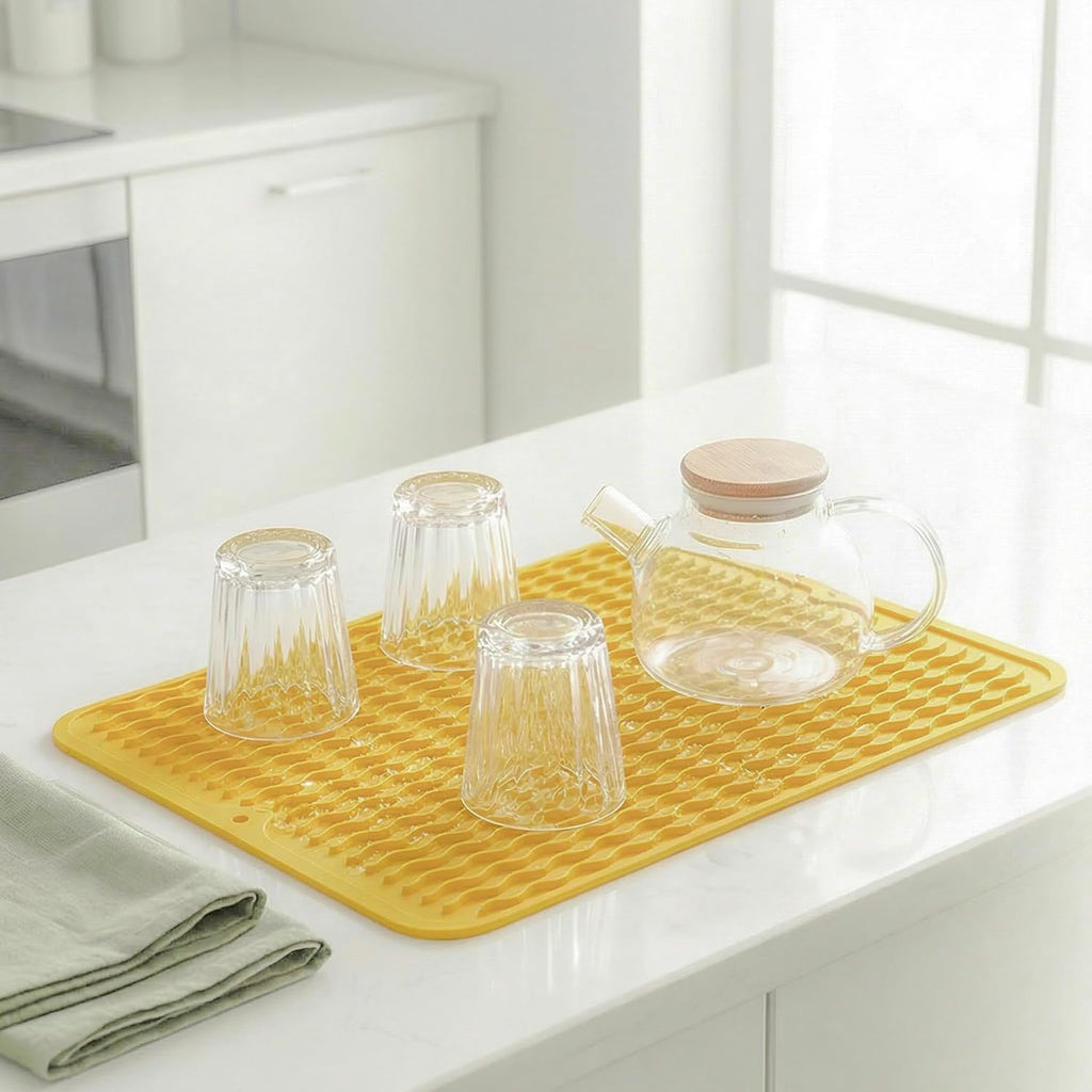 Silicone Dish Drying Mat - Quick-Dry Ridges Counter & Sink Pad, Heat-Resistant Trivet to 450°F, Non-Slip & Dishwasher