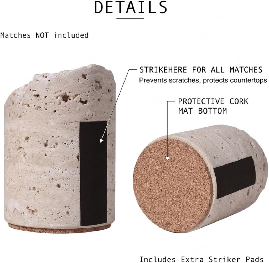 2-Piece Travertine Match Holder with Striker Modern Stone Jar - Set of 2
