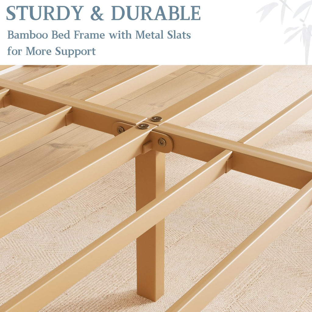 10 in High Bamboo Wood King Size Bed Frame with Headboard & Footboard, Platform Bed Frame King with Steel Slats