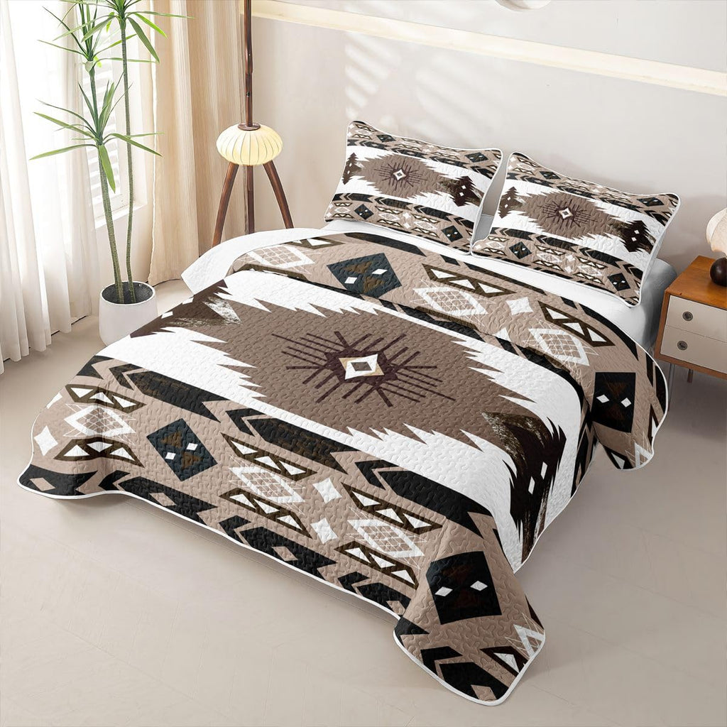 Boho Western Quilt Bedding Set Vintage Geometric Triangle Diamond Quilt Bedding Southwestern Native Aztec