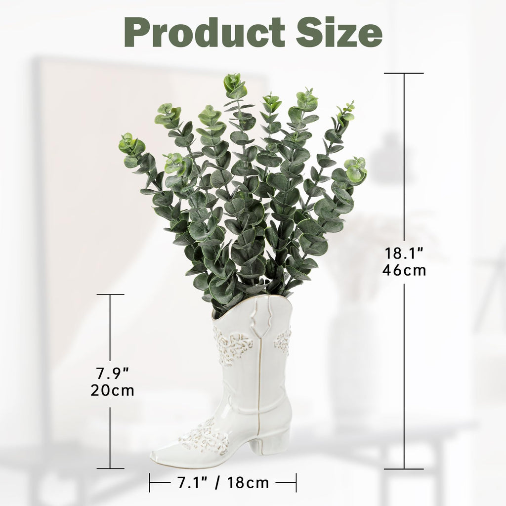 Artificial Eucalyptus Plant in Ceramic Cowboy Boot Vase Faux Greenery Potted Plant for Rustic Farmhouse Decor Western