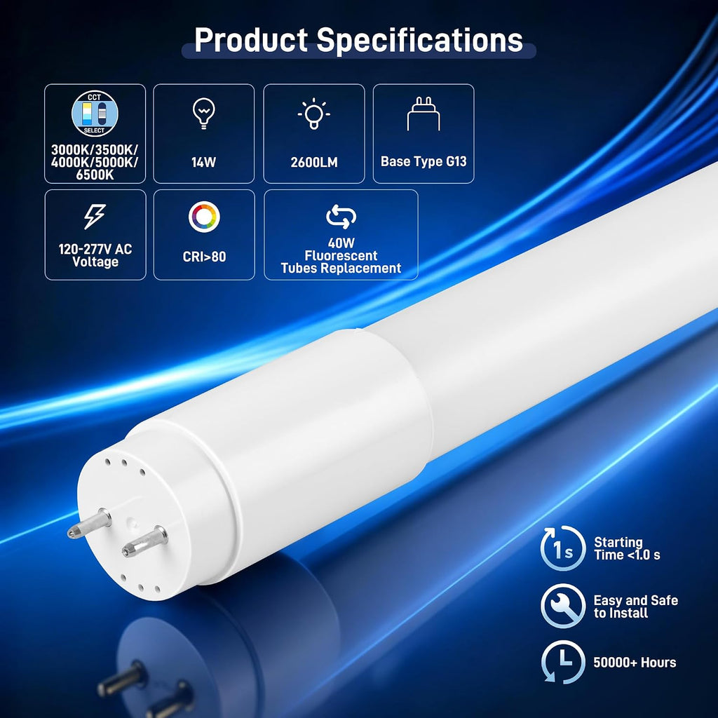 T8 LED Bulbs 4 Foot, 186LM/W, 5CCT 3000-6500K 14W 2600LM, Type A+B DLC 6.0