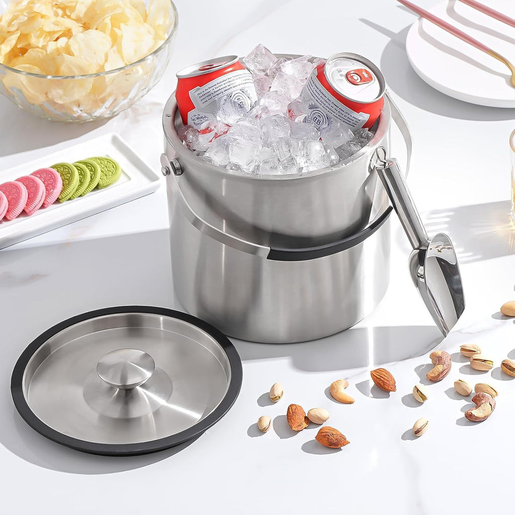 3.2L Double Wall Stainless Steel Ice Bucket for Parties with Lid, Scoop