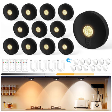 Rechargeable Puck Lights with Remote, 12 Pack Magnetic Under Cabinet Lighting, 1500mAh Battery Operated LED Tap