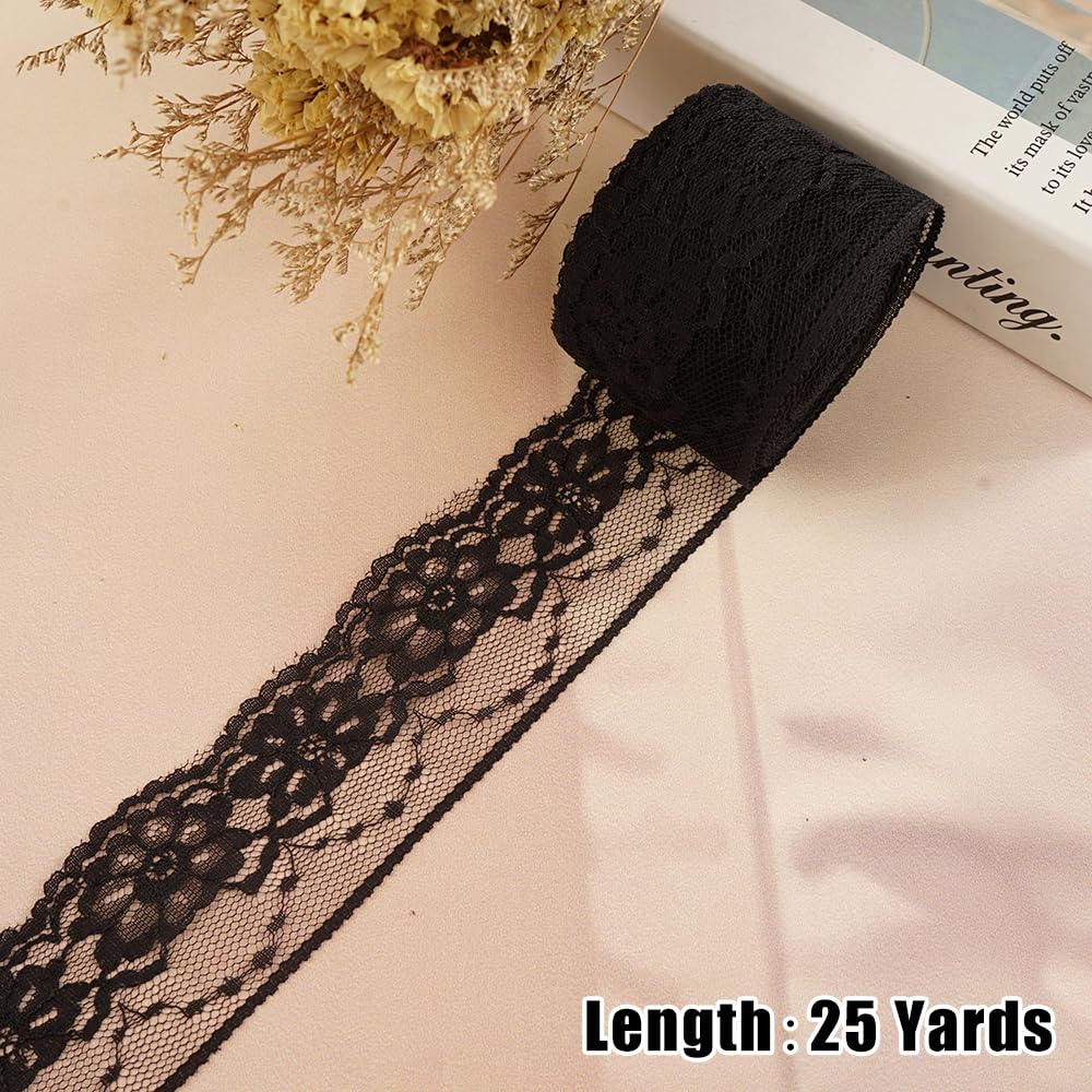 25 Yards Black Lace Ribbon Roll Lace Trim Ribbon Lace Fabric for Sewing, Baby Shower, Birthday, Bridal Shower, Wedding